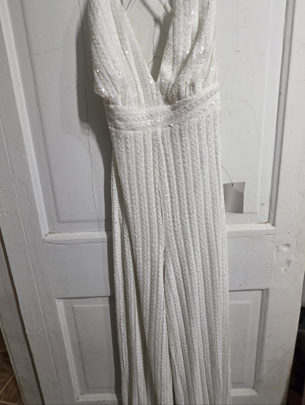 Lulu's White Sequin Knit Plunging V-Neck Jumpsuit